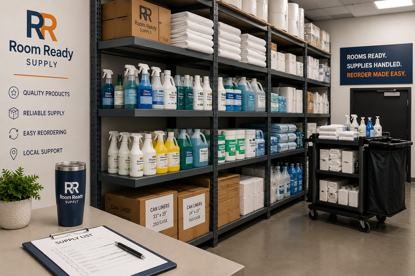 Room Ready Supply warehouse stocked with hospitality essentials in North Carolina