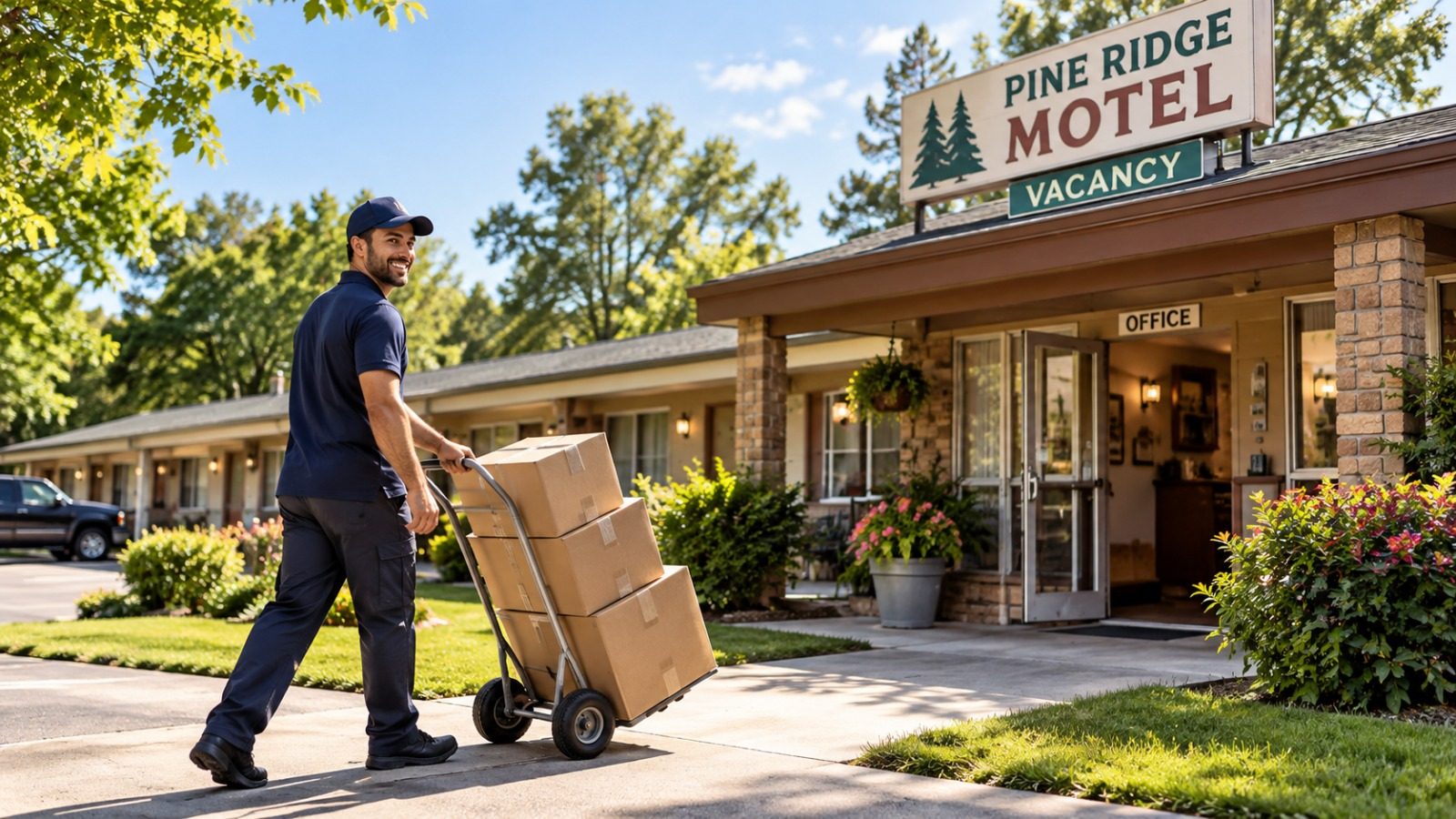 Delivery driver bringing sealed cases of supplies to a motel entrance